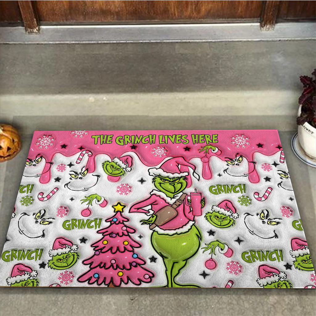 The Grinch Lives Here - Personalized Stole Christmas Doormat