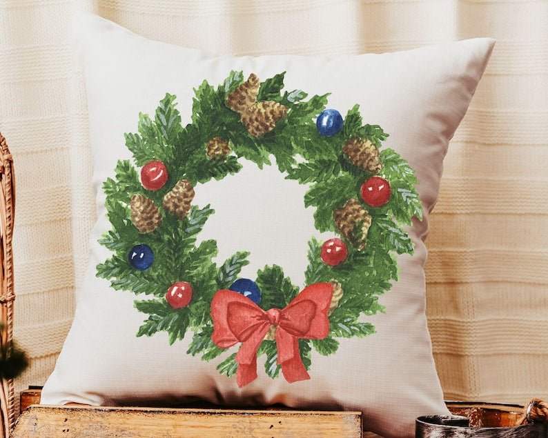 Watercolor Wreath Christmas Throw Pillows Christmas Throw Pillow 0924